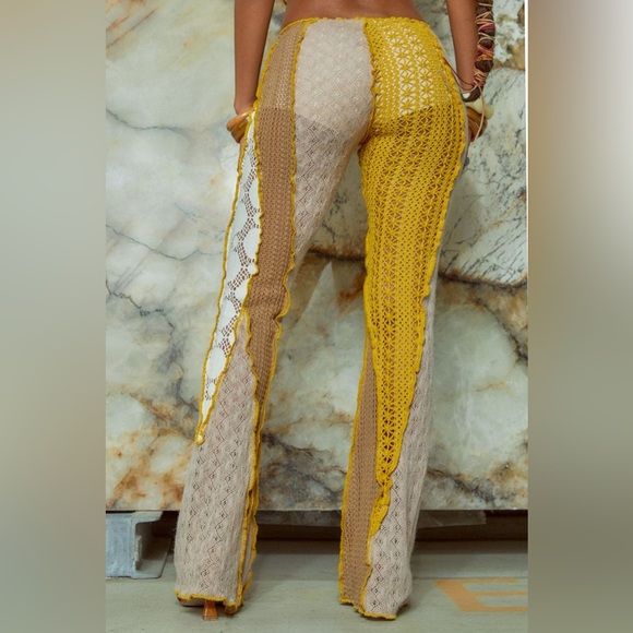 Jaded London Yellow White Crochet Knit Boho Bohemian Lace Low Rise Pants - Picture 7 of 12
